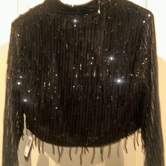 STUNNING Black Bolero Jacket (sequins & fringe) Long See-thru Sleeve LARGE - Picture 4 of 12
